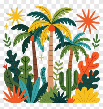 Colorful Tropical Plants And Palm Trees PNG