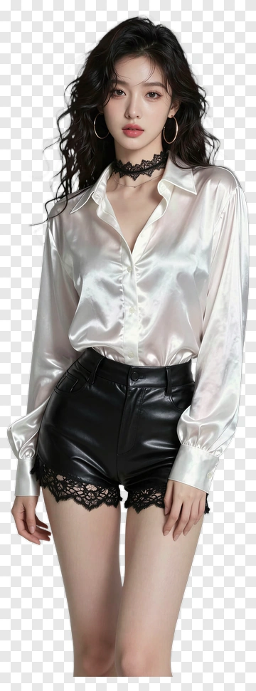Woman In Satin Shirt And Leather Shorts PNG