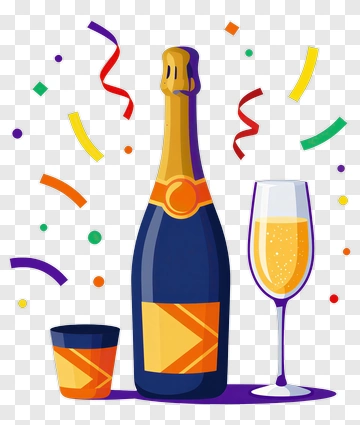 Champagne Bottle And Glass With Party Decorations PNG