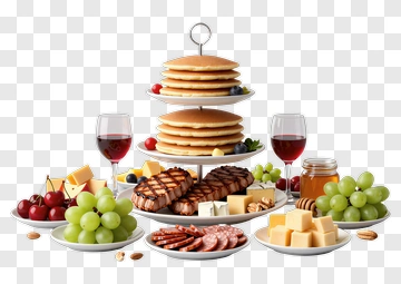 Gourmet Food Platter With Pancakes And Wine PNG