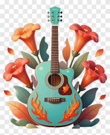 Colorful Acoustic Guitar Surrounded By Flowers PNG