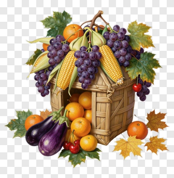 Harvest Basket Filled With Fruits And Vegetables PNG
