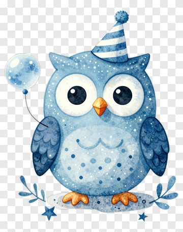 Cartoon Blue Owl With Balloon And Party Hat PNG