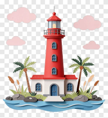 3D Lighthouse By The Sea With Palm Trees PNG