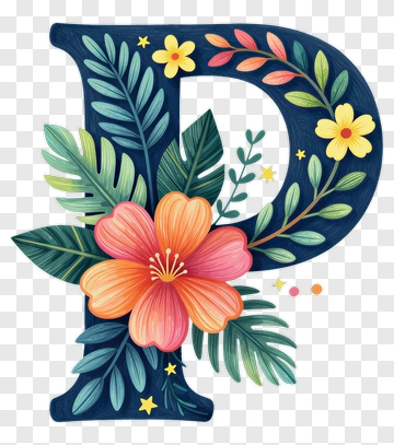 Floral Letter P With Tropical Leaves And Flowers PNG