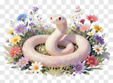 White Snake Surrounded By Colorful Flowers PNG