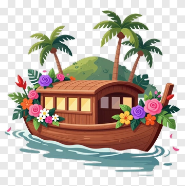 Colorful Boat Surrounded By Tropical Flowers PNG