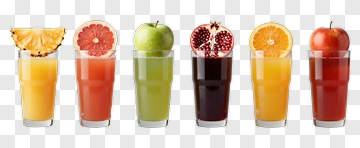 Colorful Juice Glasses With Fruit Garnishes PNG