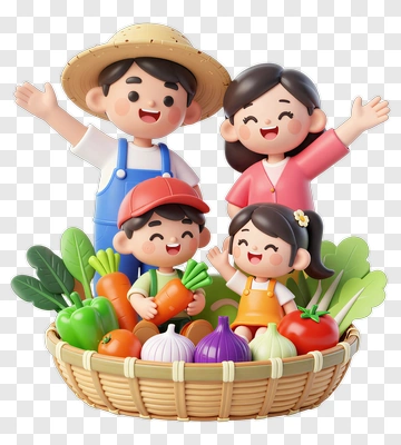 Cartoon Family Holding A Basket Of Vegetables PNG