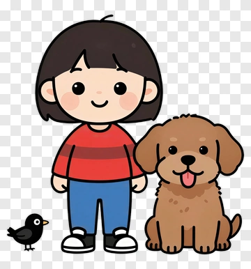 Cartoon Girl With Dog And Bird PNG