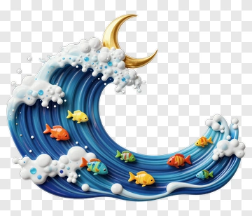 Colorful Wave With Fish And Moon PNG
