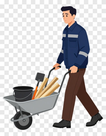Worker Pushing A Wheelbarrow With Tools PNG