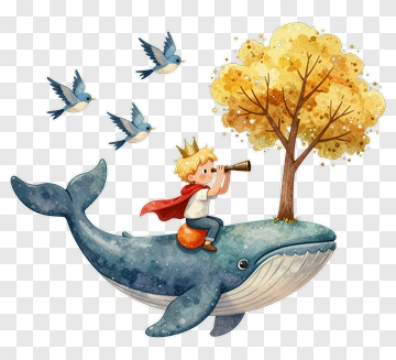 Boy On A Whale With A Tree And Birds PNG