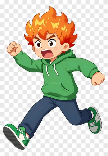 Cartoon Boy Running With Fiery Hair PNG