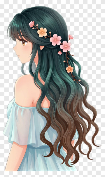 Anime Girl With Long Hair And Flowers PNG