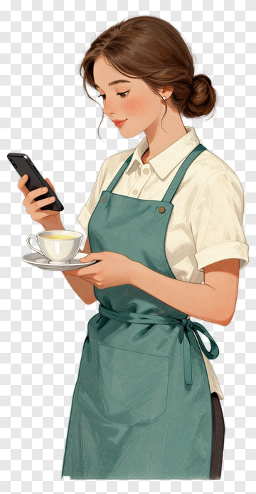 Barista Holding A Cup Of Coffee And Checking Phone PNG