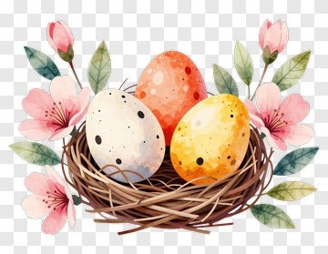 Colorful Easter Eggs In A Nest With Flowers PNG