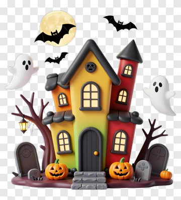 Cartoon Haunted House With Pumpkins And Ghosts PNG