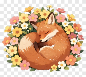 Cartoon Fox Sleeping In A Flower Wreath PNG