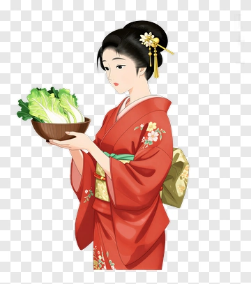Woman In Kimono Holding A Bowl Of Lettuce PNG