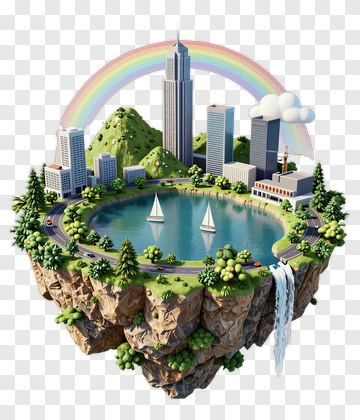 3D Cityscape With Waterfall And Rainbow PNG