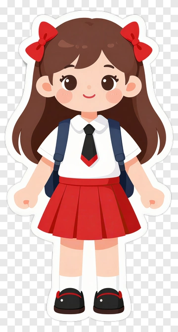 Cartoon Schoolgirl In Red Skirt And White Shirt PNG
