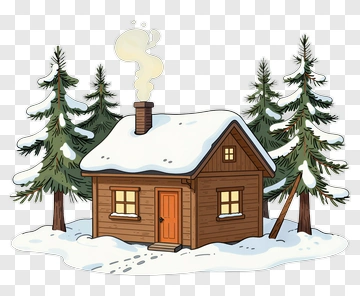 Cartoon Cabin Surrounded By Pine Trees In Snow PNG