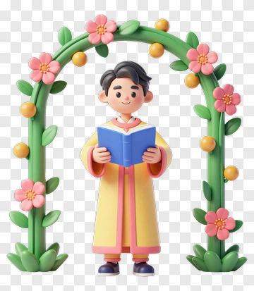Cartoon Boy Holding A Book Under A Floral Arch PNG