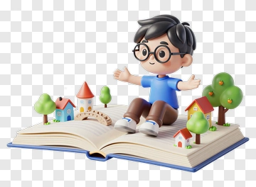 3D Boy Sitting On An Open Book With Houses And Trees PNG