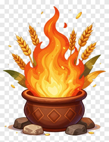 Cartoon Fire In A Pot With Wheat PNG