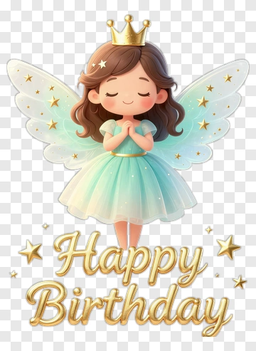Cartoon Birthday Fairy With Crown And Happy Birthday Text PNG