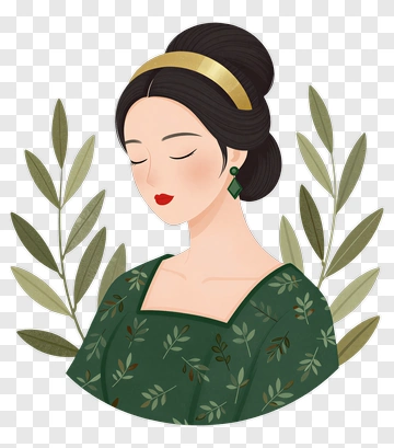 Elegant Woman With Green Dress And Leaves PNG