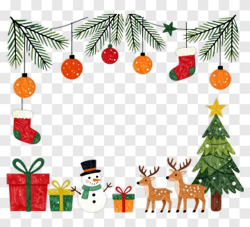 Christmas Scene With Snowman, Reindeer, And Christmas Tree PNG