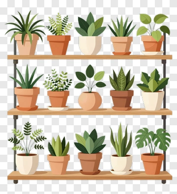 Collection Of Potted Plants On Shelves PNG