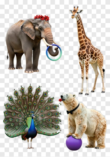 Colorful Animal Group With Elephant, Giraffe, Peacock, And Bear PNG