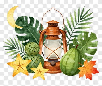 Vintage Lantern Surrounded By Tropical Leaves And Stars PNG