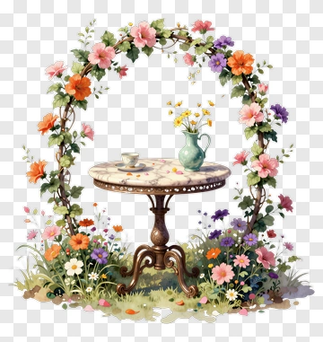 Floral Table Arrangement With Flowers And Vase PNG