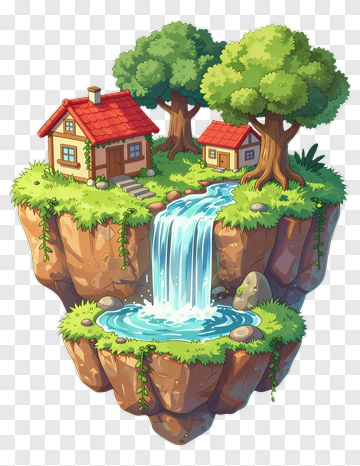 Cartoon Floating Island With Houses And Waterfall PNG