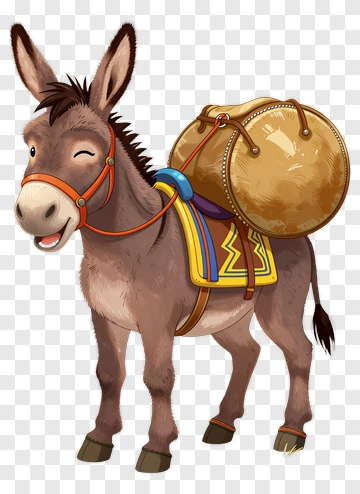 Cartoon Donkey With A Saddle And Bag PNG