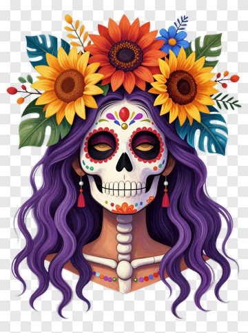Colorful Sugar Skull With Sunflower Crown PNG