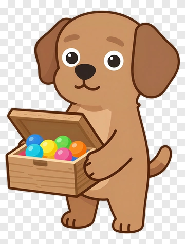 Cartoon Dog Holding A Box Of Colorful Balls PNG