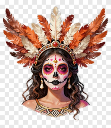 Colorful Day Of The Dead Woman With Feather Headdress PNG