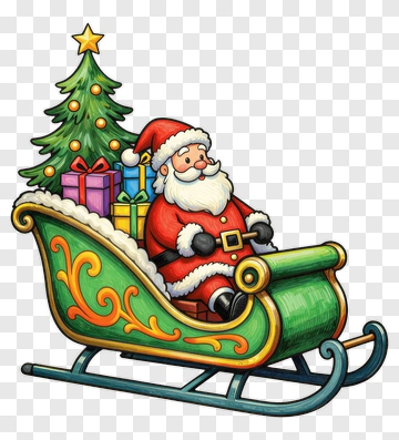 Santa Claus In A Colorful Sleigh With Christmas Tree And Gifts PNG