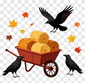Crows Around A Wheelbarrow Filled With Hay Bales PNG
