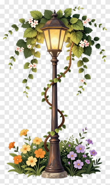 Decorative Street Lamp Surrounded By Colorful Flowers PNG