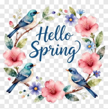 Hello Spring Floral Wreath With Birds PNG