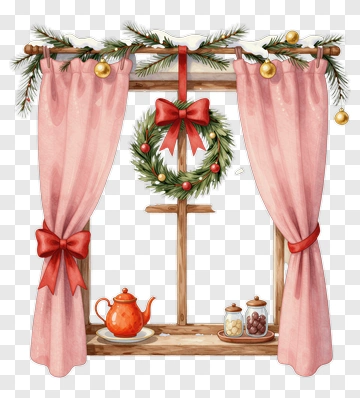 Christmas Window With Wreath And Teapot PNG