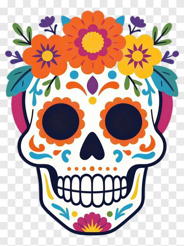 Colorful Sugar Skull With Floral Decoration PNG