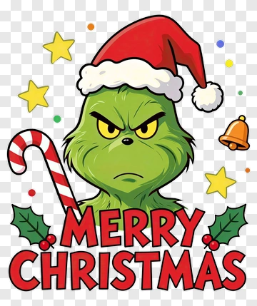 Cartoon Grinch With Candy Cane And Merry Christmas Text PNG