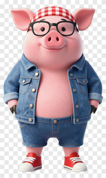 Cartoon Pig Wearing Denim Jacket And Glasses PNG